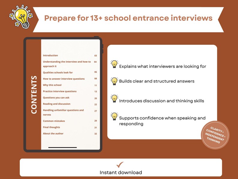 Puede incluir: Una gu&iacute;a digital titulada "Prep&aacute;rese para las entrevistas de ingreso escolar 13+" con una tableta que muestra el contenido. La gu&iacute;a explica lo que buscan los entrevistadores y apoya la confianza. Incluye el texto "Descarga instant&aacute;nea".