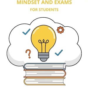 Op de afbeelding: Grafische illustratie met een gloeilamp, vraagteken, vinkjes en een tandwielsymbool in een wolkvorm, bovenop een stapel boeken. De tekst "MINDSET AND EXAMS FOR STUDENTS" wordt bovenaan weergegeven.