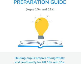 Puede incluir: Documento blanco titulado "SCHOOL INTERVIEW PREPARATION GUIDE" con el texto "(Ages 10+ and 11+)". Se presenta una ilustración de una bombilla amarilla sobre un libro abierto. También se incluye el texto "Helping pupils prepare thoughtfully and confidently for UK 10+ and 11+ independent and senior school interviews".