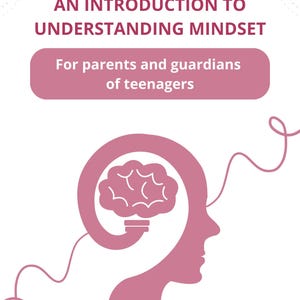 May include: A pink and white graphic with the text "AN INTRODUCTION TO UNDERSTANDING MINDSET" and "For parents and guardians of teenagers." A stylized brain is inside a head silhouette.