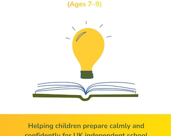Puede incluir: Portada de libro blanca con el título "SCHOOL INTERVIEW PREPARATION GUIDE" y el rango de edad "(Ages 7-9)". Una ilustración de bombilla amarilla se encuentra encima de un libro abierto. El texto de abajo dice: "Helping children prepare calmly and confidently for UK independent school interviews."