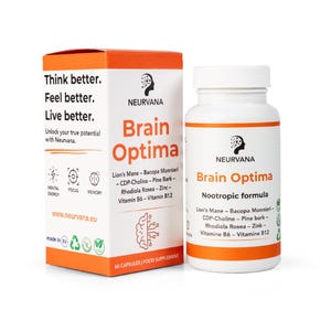 Może przedstawiać: Pomarańczowo-białe pudełko i biała butelka suplementów Neurvana Brain Optima. Na pudełku widnieje napis "Think better. Feel better. Live better." i lista składników. Butelka również wyświetla nazwę produktu i składniki.