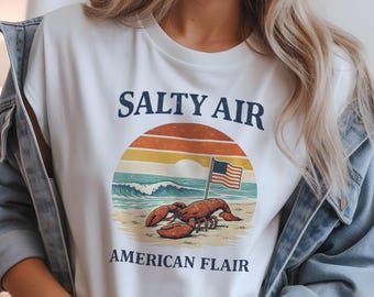 Salty Air Lobster Graphic Tee, Patriotic Beach Summer Vacation Top