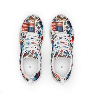 Americana Collage Pattern Sneakers, Patriotic Athletic Footwear, Artistic USA Running Shoes