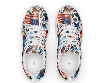 Americana Collage Pattern Sneakers, Patriotic Athletic Footwear, Artistic USA Running Shoes
