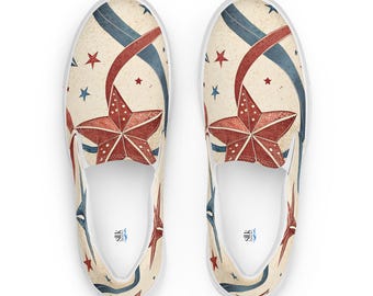 Vintage Patriotic Star Slip Ons, Retro Americana Canvas Sneakers