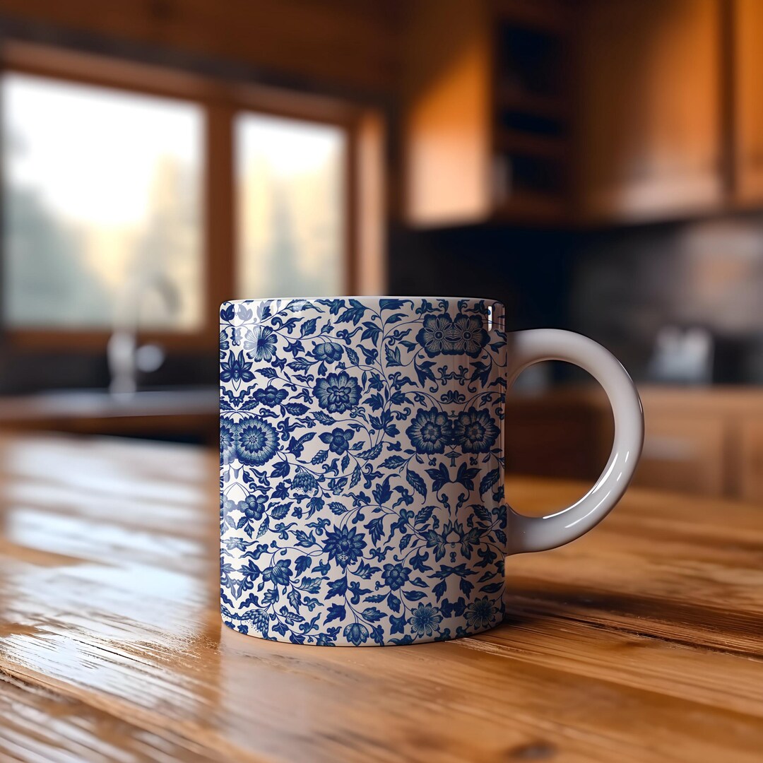 Blue Floral Coffee Mug, Botanical Tea Cup, Vintage Style - Etsy
