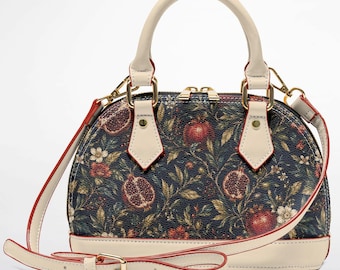 Dark Floral Dome Satchel Bag, Pomegranate Garden Handbag, Botanical Vintage Style Purse, Elegant Cottagecore Fashion Gift