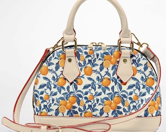 Citrus Orchard Handbag, Orange Fruit Dome Satchel Purse, Blue Floral Botanical Bag, Cottagecore Fashion Gift for Her Vintage