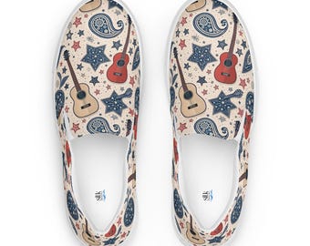 Country Style Slip On Shoes, Patriotic Guitar Casual Footwear