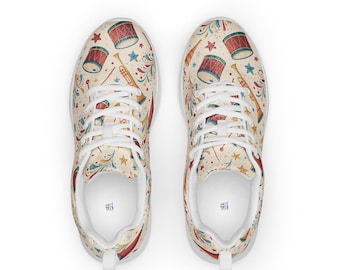 Festive Patriotic Sneakers, Drum Fireworks Design Shoes, USA Running Shoes, Americana Style