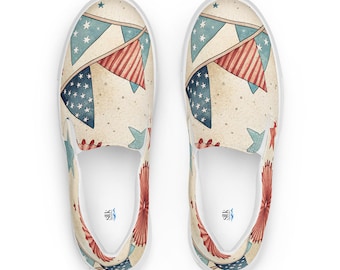 Patriotic Bunting Canvas Slip-Ons, Vintage Minimalist Sneakers, Fourth of July Footwear