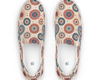 Vintage USA Inspired Slip Ons, Classic Red Blue Star Sneakers