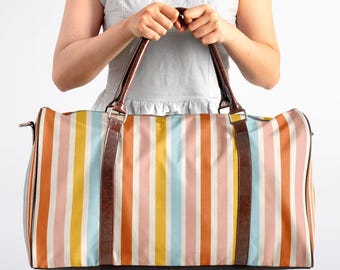 Bolsa de lona Urban Voyager, bolsa de viaje con rayas retro, equipaje de mano para pasar la noche.