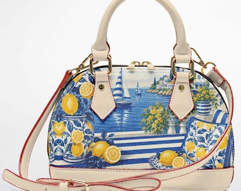 Coastal Lemon Pattern Purse, Mediterranean Seaside Handbag, Blue White Travel Tote Bag, Elegant Summer Fashion Accessory