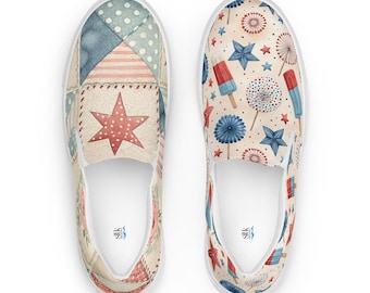 Red White Blue Casual Flats, Americana Fireworks Slip On Shoes