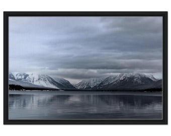 Frozen Lake in Glacier National Park - Framed Canvas Art - Serene Nature Photography Wall Decor