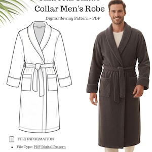 Könnte beinhalten: Ein digitales Schnittmuster für einen Bademantel mit Schalkragen in Anthrazit. Das Bild zeigt eine Strichzeichnung und ein Foto des Bademantels. Der Text auf dem Bild lautet "Charcoal Shawl Collar Men's Robe" und "Digital Sewing Pattern - PDF". Das Muster enthält die Größen S-3XL.