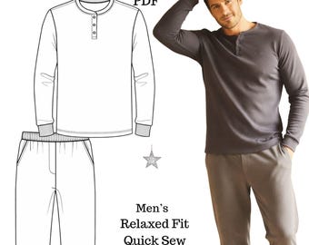 Patronen en instructies Naaipatronen Ambachtelijke benodigdheden Gereedschap Pyjamaset Loungekleding heren Naaipatroon PDF