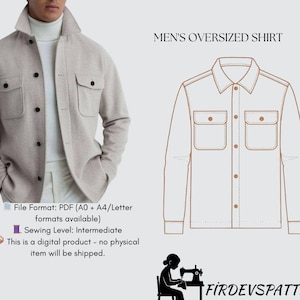 May include: A light gray oversized shirt with black buttons and two chest pockets. The image also includes a line drawing of the shirt and the text "MEN'S OVERSIZED SHIRT". The digital product is available in PDF format.