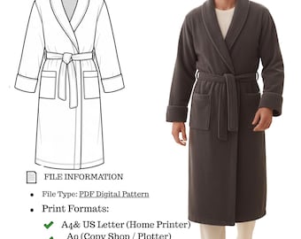 Patrón de costura para bata de hombre con cuello chal – PDF digital (S-3XL)