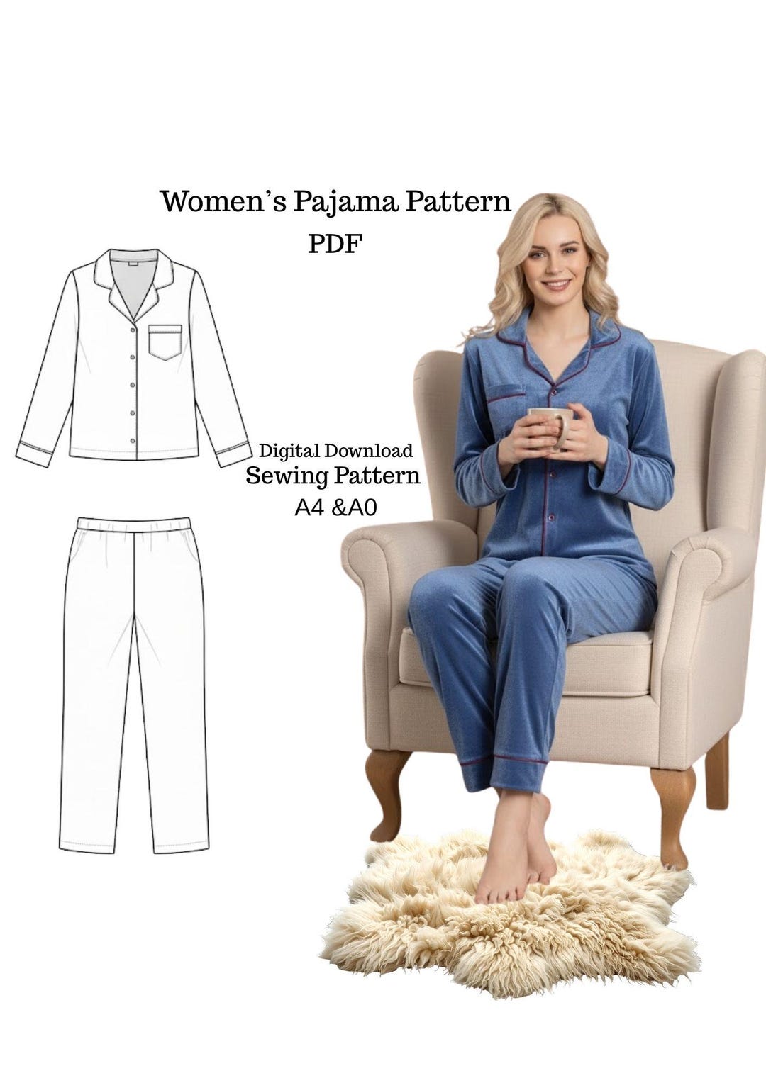 Pyjama Design Pattern Women's Pajama Sewing Pattern - Shirt & Pants (PDF Pattern) - Etsy Canada