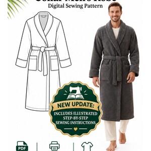 Op de afbeelding: Een digitaal naaipatroon voor een antracietkleurige badjas met sjaalkraag, met een lijntekening, een foto van de afgewerkte badjas en de tekst: Charcoal Shawl Collar Robe Digital Sewing Pattern, New Update: Includes Illustrated Step-by-Step Sewing Instructions, PDF Digital Pattern, Print Formats: A4 & US Letter A0 (Copy Shop), Sizes: S-3XL, FIRDEVSPATTERNS.