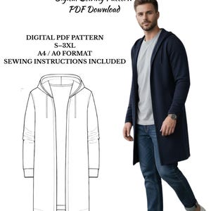 May include: A navy blue longline hooded cardigan sewing pattern. The digital PDF pattern includes sizes S-3XL and A4/A0 format. The image also shows a person wearing a navy blue longline hooded cardigan with jeans and white trainers.