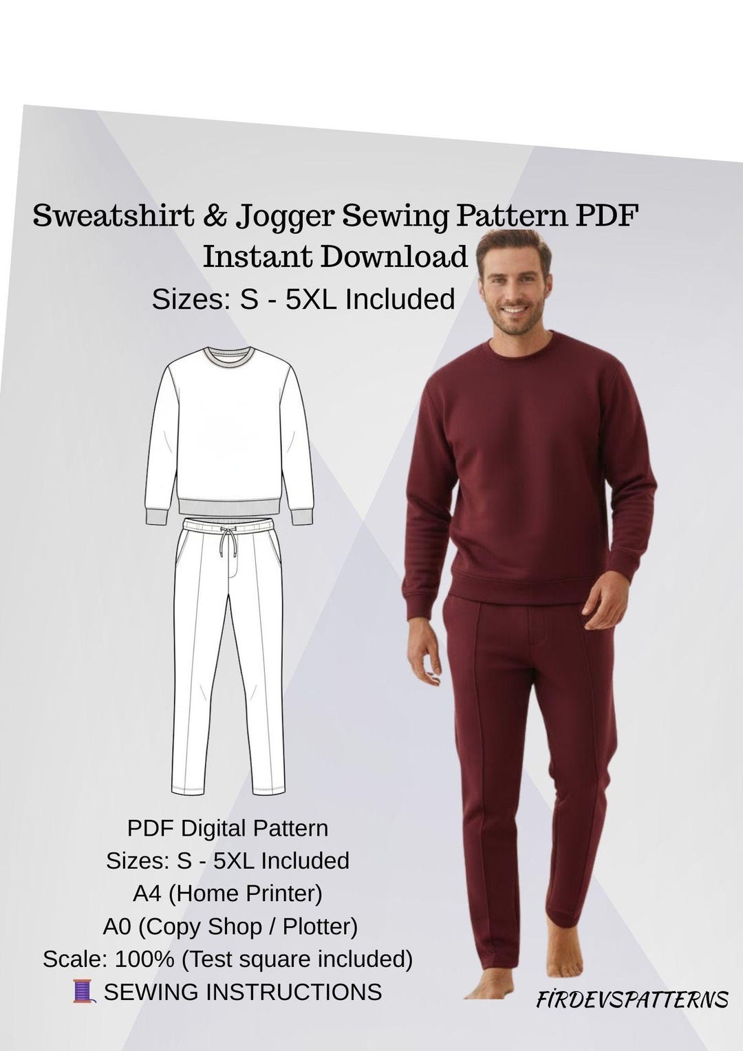 Traccksuit Pattern Men’s Tracksuit Sewing Pattern PDF | Crewneck Top & Slim Jogger Pants ...