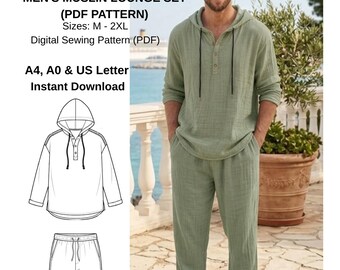 Patrón de costura para conjunto de ropa de estar por casa de muselina para hombre (PDF), sudadera con capucha y pantalón, tallas M-2XL