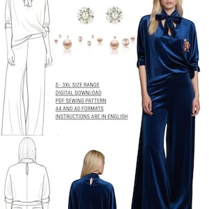 Pode incluir: Um padrão de costura digital para um conjunto de calças de perna larga e blusa com laço. A imagem mostra um esboço e uma foto da roupa em tecido de veludo azul escuro. O texto inclui gama de tamanhos, download digital e instruções em inglês.