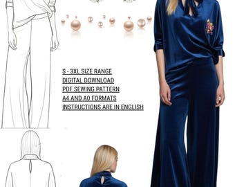 Naaipatroon broek wijde pijpen en strikblouse (digitale pdf)