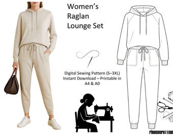 Dameshoodie met raglanmouwen en joggingbroek digitaal naaipatroon (S-3XL) | PDF-patroon loungekledingset