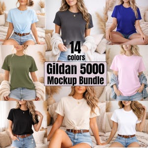 May include: A mockup bundle of Gildan 5000 t-shirts in 14 colors. The image shows various colored t-shirts, including light blue, charcoal, olive green, pink, black, cream, and white. The shirts are displayed on models.