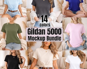 Gildan 5000-modelbundel, T-shirt-mock-ups, Lifestyle vrouwelijk model T-shirt-mock-ups voor POD-verkopers (directe download)