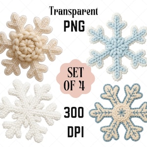 Op de afbeelding: Set van vier gebreide sneeuwvlokontwerpen in crème, wit en blauw. De sneeuwvlokken hebben een textuur en zijn gerangschikt op een witte achtergrond. De afbeelding bevat de tekst "Transparent PNG", "SET OF 4" en "300 DPI".