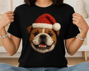 Bulldog Christmas PNG, namaakgaren gehaakte feestelijke hond clipart (digitale download)