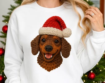 Teckel kerst PNG, namaakgaren gehaakte feestelijke hond (digitale download)