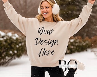 Gildan 18000 Sand Sweatshirt Mockup, Winter Snow Crewneck Mockup (Instant Download)