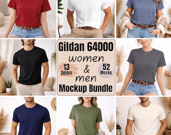 Gildan 64000 mockup-bundel dames en heren, T-shirt vrouwelijke mannelijke modellen, lifestyle blanco T-shirts (directe download)