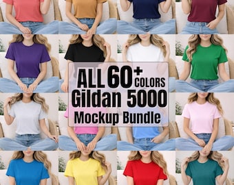 Gildan 5000 mockup-bundel alle kleuren, lifestyle vrouw model T-shirt mock-up voor POD (direct downloaden)