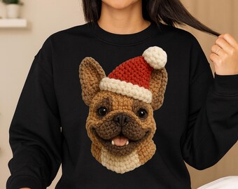 Franse Bulldog-kerst PNG, namaakgaren gehaakte feestelijke hondenkunst (digitale download)