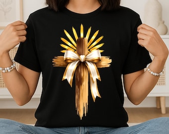 Christian Cross & Bow PNG, Gold Brushstroke Coquette Clipart, Easter PNG (Digital Download)