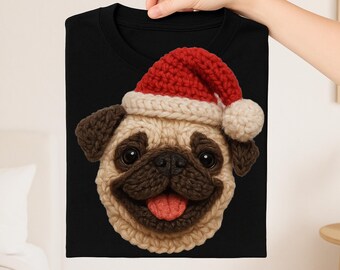 Mopshond kersthond png, namaakgaren gehaakte feestelijke huisdierkunst (digitale download)