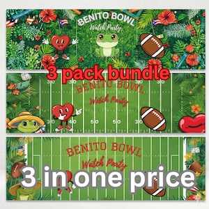 Op de afbeelding: Een bundel van drie Benito Bowl watch party banners. De banners hebben een ontwerp van een voetbalveld met stripfiguren, voetballen en de tekst "BENITO BOWL Watch Party". De tekst "3 pack bundle" en "3 in one price" zijn ook opgenomen.