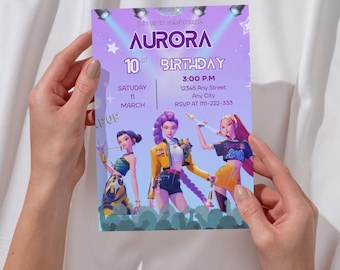 Editable Canva K-pop Demon Hunters Birthday Invitation / Kids Party Card Template to Print and Download