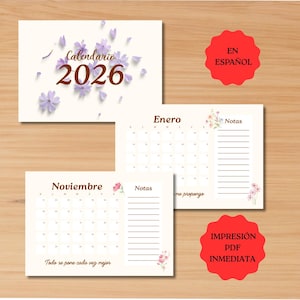 Puede incluir: Un conjunto de calendarios crema de 2026 con detalles florales. La palabra "Calendario" y el año "2026" se muestran en el calendario superior. También se muestran páginas de meses individuales, incluyendo "Enero" y "Noviembre".