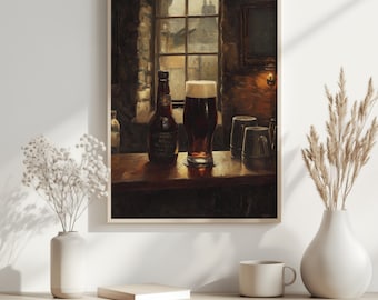 Moody Vintage Pub Wall Art - Scena di taverna rustica, dipinto di natura morta con birra scura Porter, arredamento caldo e accogliente stampabile, download digitale