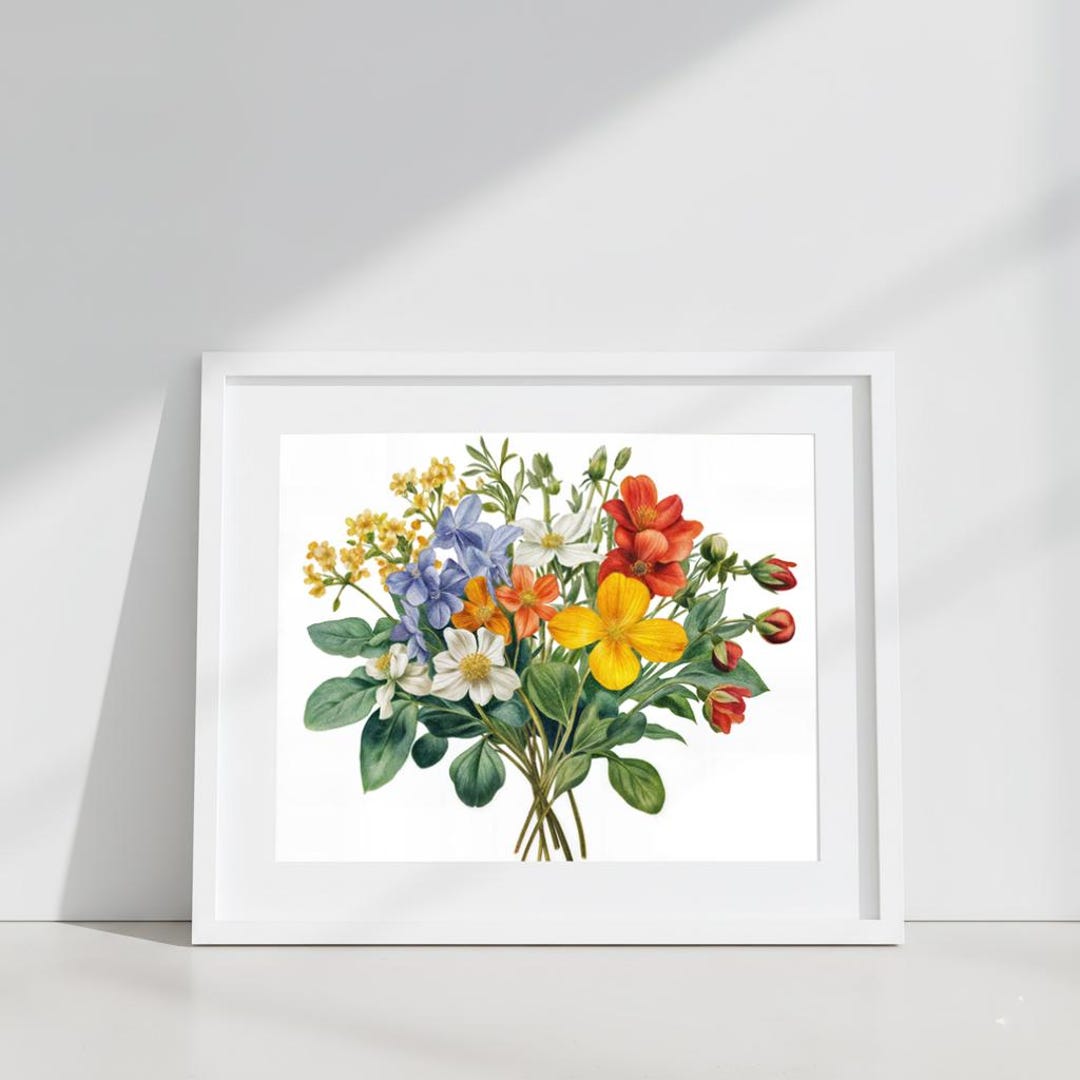 Bright Cottagecore Wildflower Bouquet - Vintage Botanical Wall Art ...