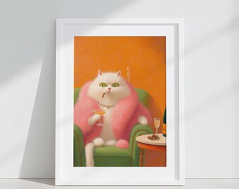 Retro glamouröse weiße Katze druckbare Kunst Pop-Art Kitsch Dekor, flauschige Katze, Katzen und Cocktails Druck, Dopamin Dekor digitale Wandkunst